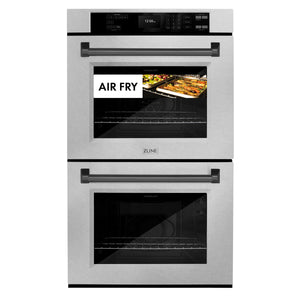 ZLINE Autograph Edition 30 in. Professional True Convection Double Wall Oven with Air Fry and Self Clean in DuraSnow® Stainless Steel with Matte Black Handles (WADSZ-30-MB) front, closed, with food cooking by air fry.