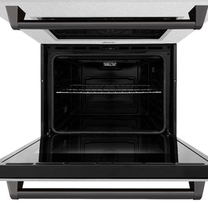 ZLINE Autograph Edition 30 in. Professional True Convection Double Wall Oven with Air Fry and Self Clean in DuraSnow® Stainless Steel with Matte Black Handles (WADSZ-30-MB) front, close-up bottom oven open.