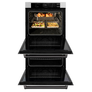 ZLINE Autograph Edition 30 in. Professional True Convection Double Wall Oven with Air Fry and Self Clean in DuraSnow® Stainless Steel with Matte Black Handles (WADSZ-30-MB) front, open.