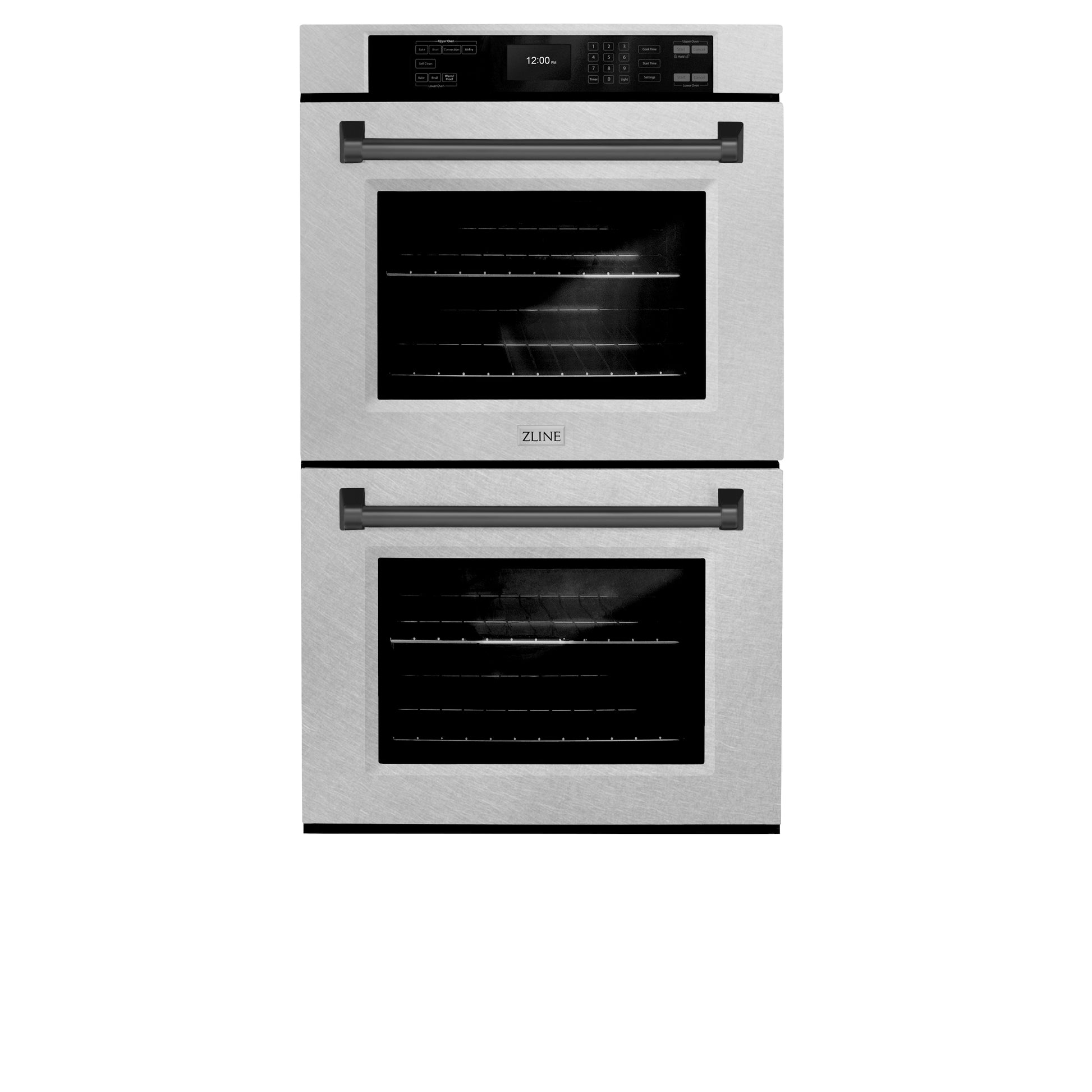 ZLINE Autograph Edition 30 in. Professional True Convection Double Wall Oven with Air Fry and Self Clean in DuraSnow® Stainless Steel with Matte Black Handles (WADSZ-30-MB) front, closed.