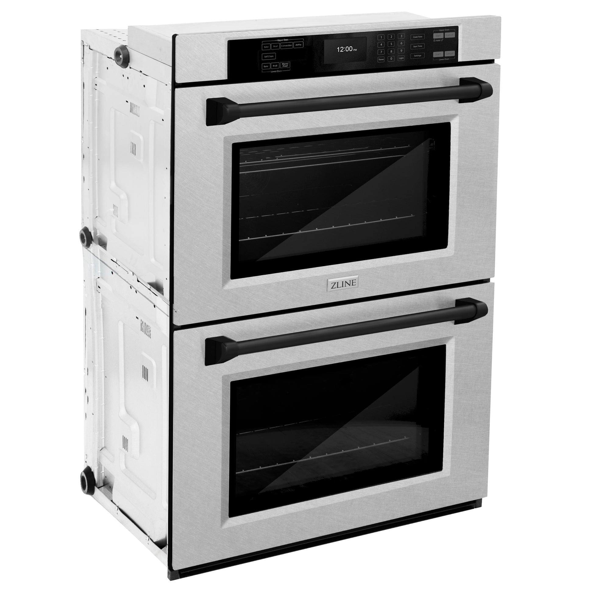 ZLINE Autograph Edition 30 in. Professional True Convection Double Wall Oven with Air Fry and Self Clean in DuraSnow® Stainless Steel with Matte Black Handles (WADSZ-30-MB) side, closed.