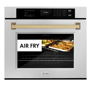 ZLINE Autograph Edition 30 in. Professional True Convection Single Wall Oven with Air Fry and Self Clean in DuraSnow® Stainless Steel with Champagne Bronze Handle (WASSZ-30-CB) front, closed, with food cooking by air fry.