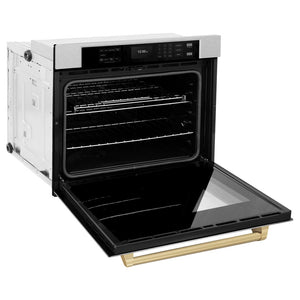 ZLINE Autograph Edition 30 in. Professional True Convection Single Wall Oven with Air Fry and Self Clean in DuraSnow® Stainless Steel with Champagne Bronze Handle (WASSZ-30-CB) side, open.