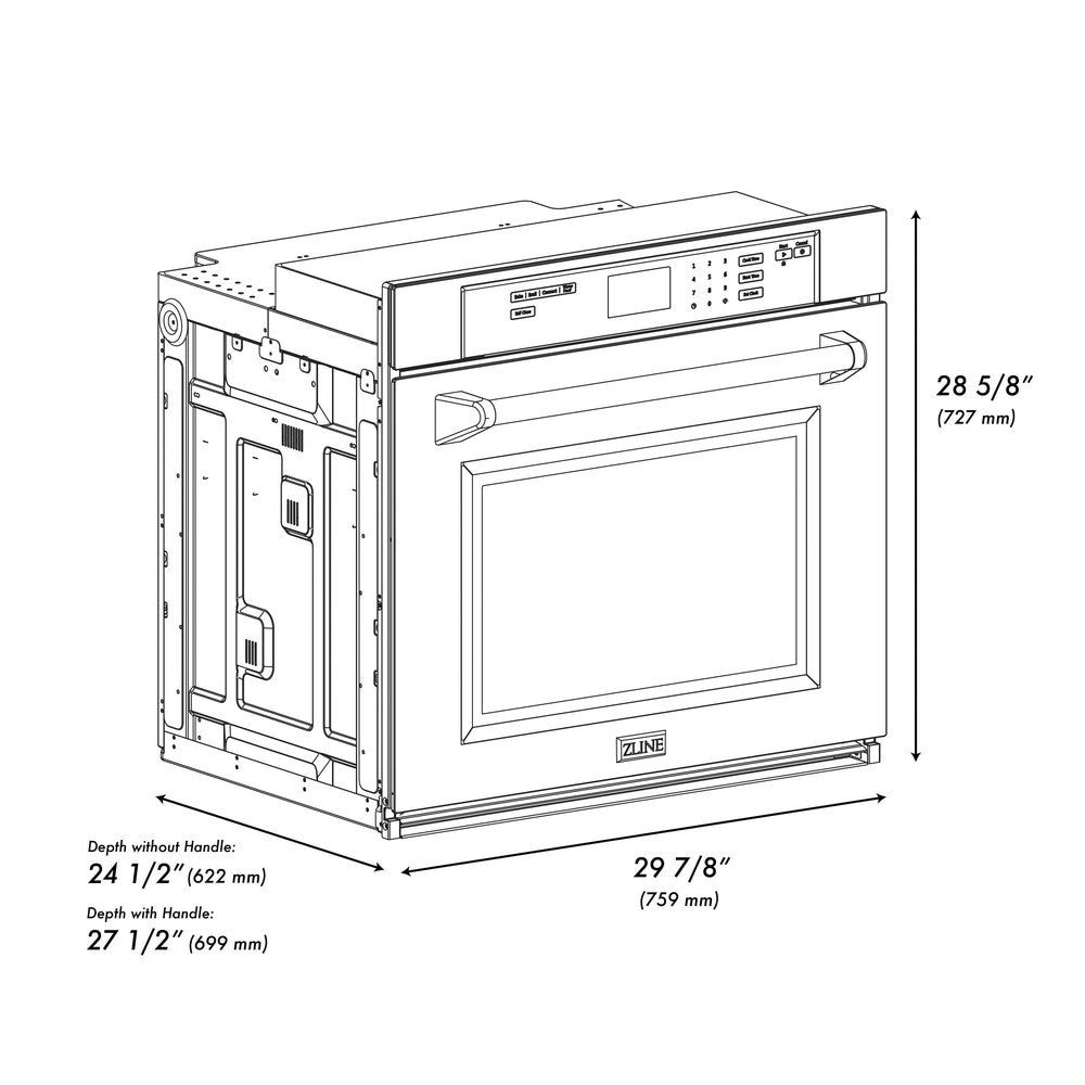 ZLINE Autograph Edition 30 in. Professional True Convection Single Wall Oven with Air Fry and Self Clean in DuraSnow® Stainless Steel with Polished Gold Handle (WASSZ-30-G) dimensional diagram.