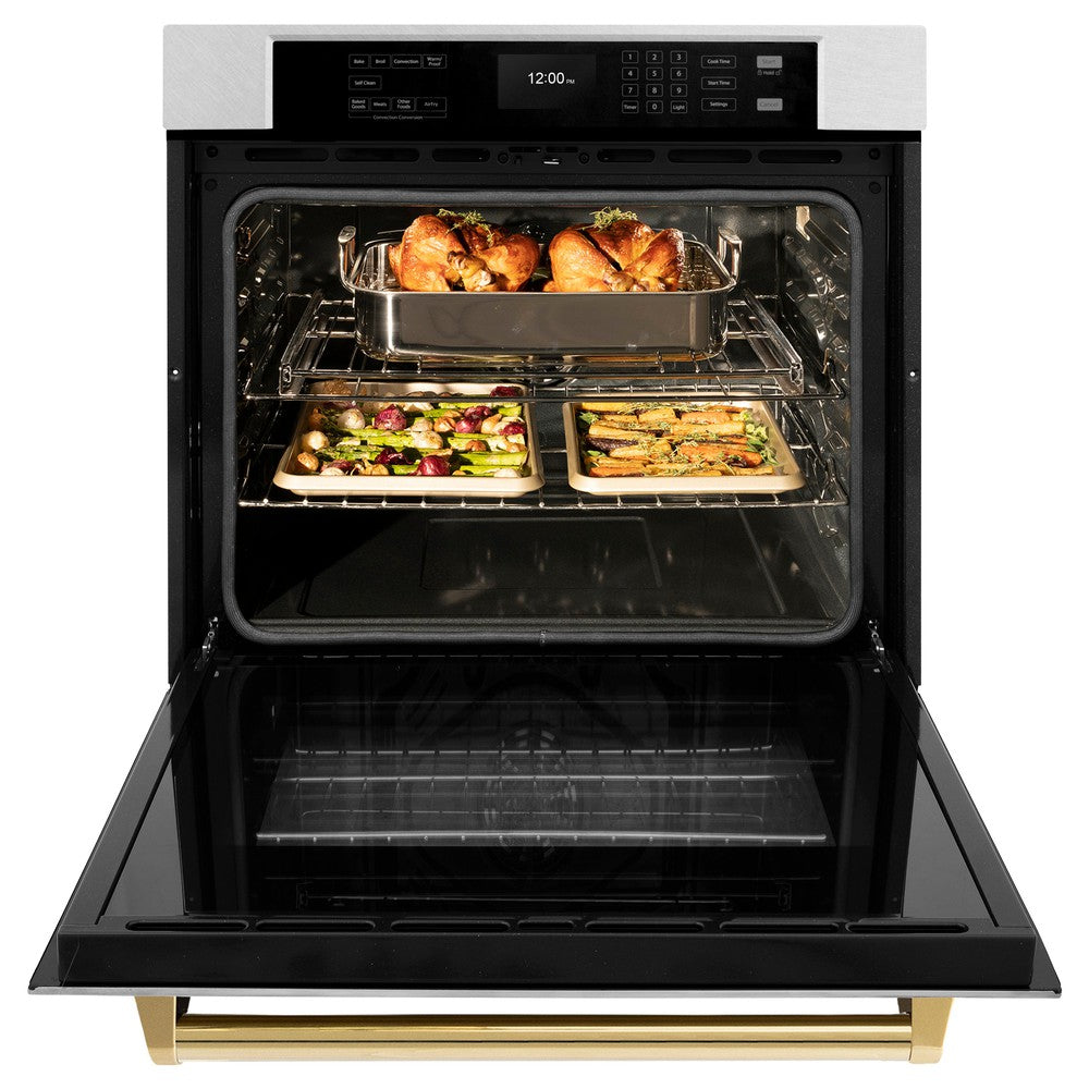 ZLINE Autograph Edition 30 in. Professional True Convection Single Wall Oven with Air Fry and Self Clean in DuraSnow® Stainless Steel with Polished Gold Handle (WASSZ-30-G) front, open.