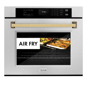 ZLINE Autograph Edition 30 in. Professional True Convection Single Wall Oven with Air Fry and Self Clean in DuraSnow® Stainless Steel with Polished Gold Handle (WASSZ-30-G)