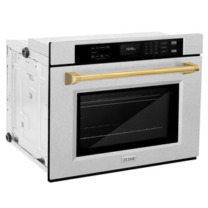 ZLINE Autograph Edition 30 in. Professional True Convection Single Wall Oven with Air Fry and Self Clean in DuraSnow® Stainless Steel with Polished Gold Handle (WASSZ-30-G) side, closed.