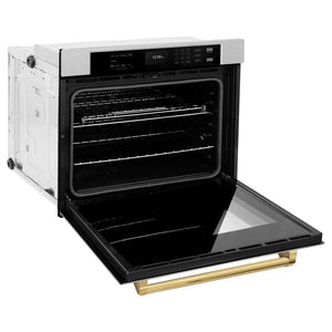 ZLINE Autograph Edition 30 in. Professional True Convection Single Wall Oven with Air Fry and Self Clean in DuraSnow® Stainless Steel with Polished Gold Handle (WASSZ-30-G) side, open.