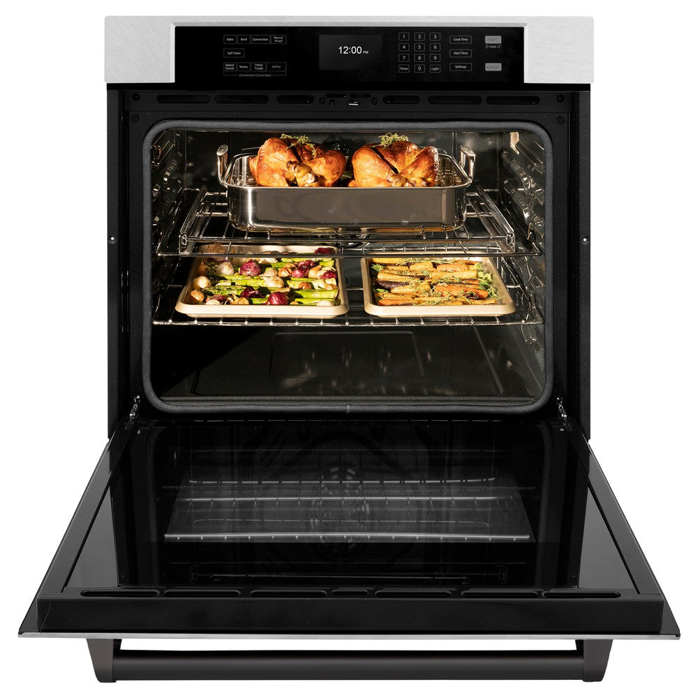 ZLINE Autograph Edition 30 in. Professional True Convection Single Wall Oven with Air Fry and Self Clean in DuraSnow® Stainless Steel with Matte Black Handle (WASSZ-30-MB) front, open.