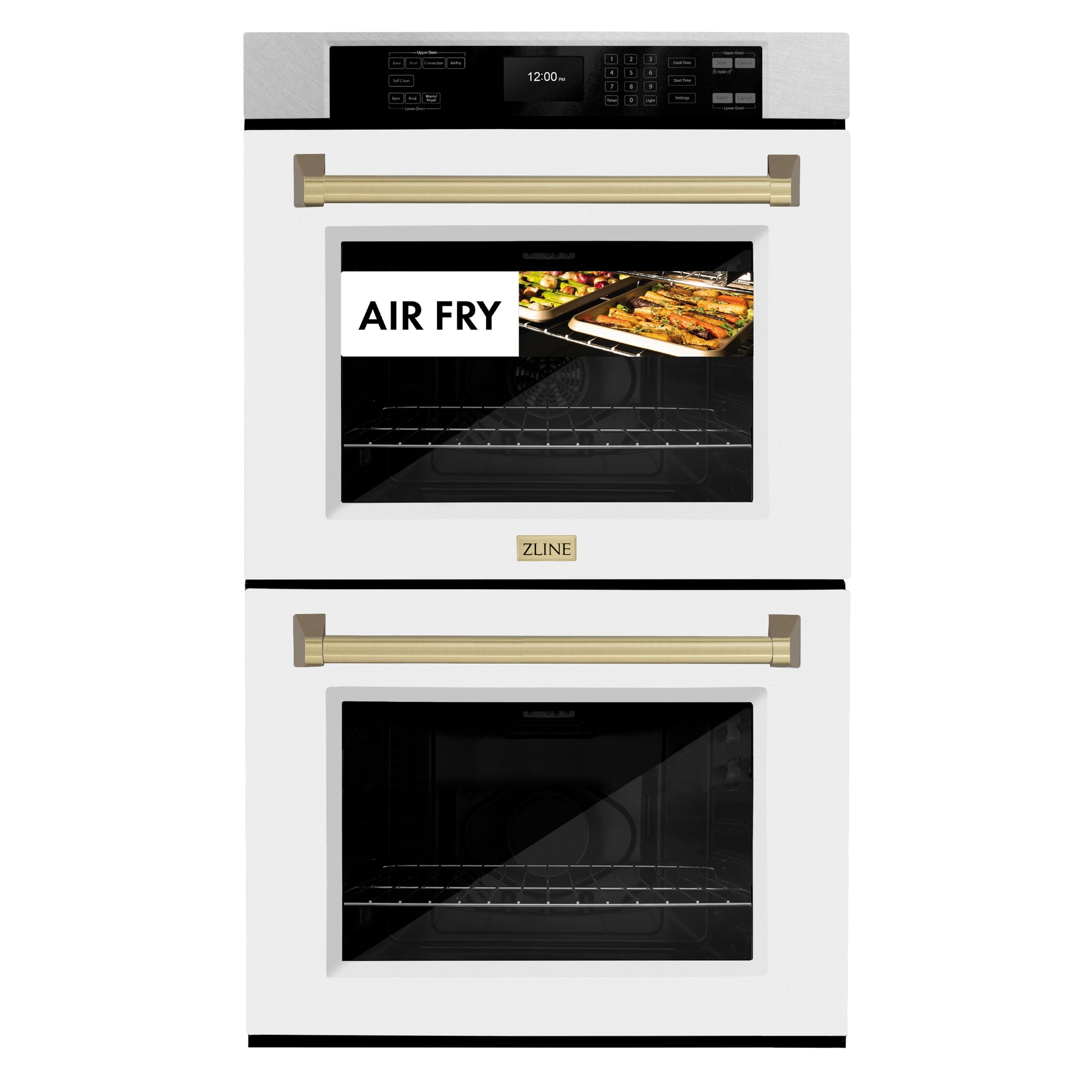 ZLINE Autograph Edition 30 in. Professional True Convection Double Wall Oven with Air Fry and Self Clean in DuraSnow® Stainless Steel with White Matte Doors and Champagne Bronze Handles (WADSZ-WM-30-CB) front, closed, with food cooking by air fry.