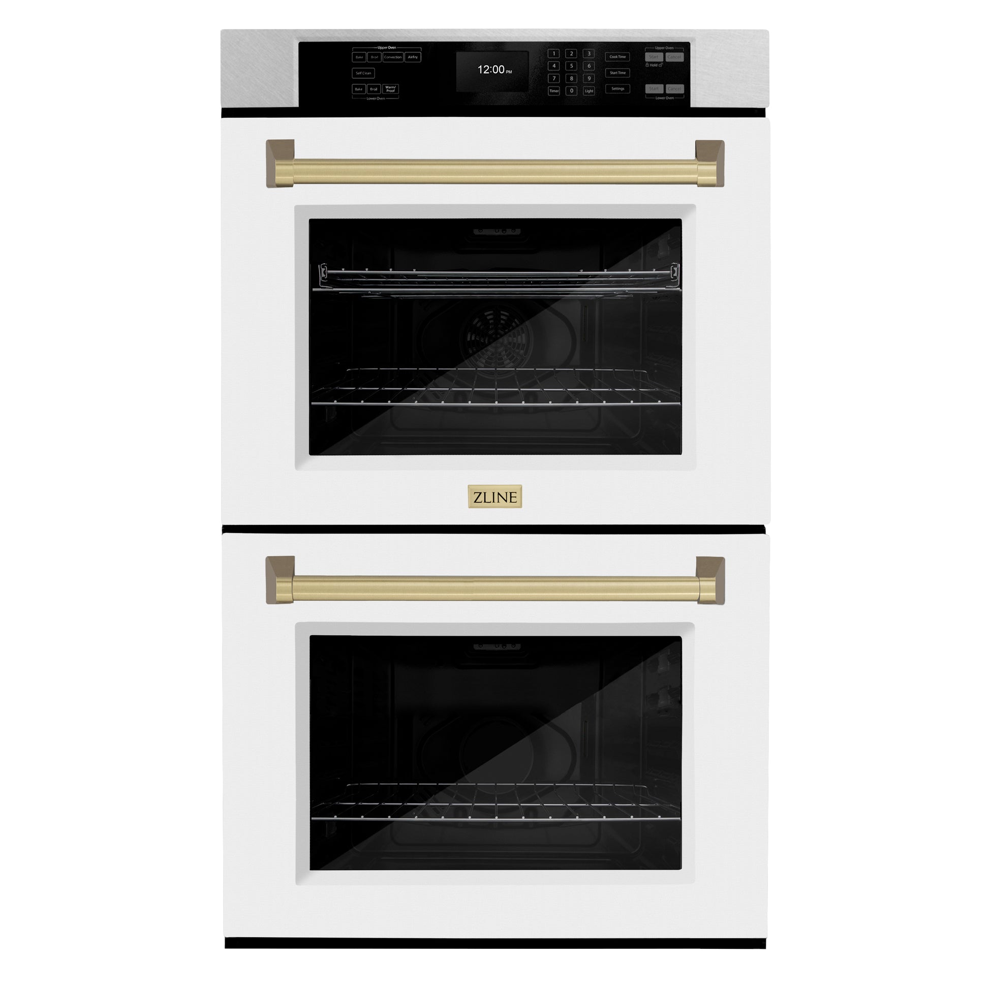 ZLINE Autograph Edition 30 in. Professional True Convection Double Wall Oven with Air Fry and Self Clean in DuraSnow® Stainless Steel with White Matte Doors and Champagne Bronze Handles (WADSZ-WM-30-CB)