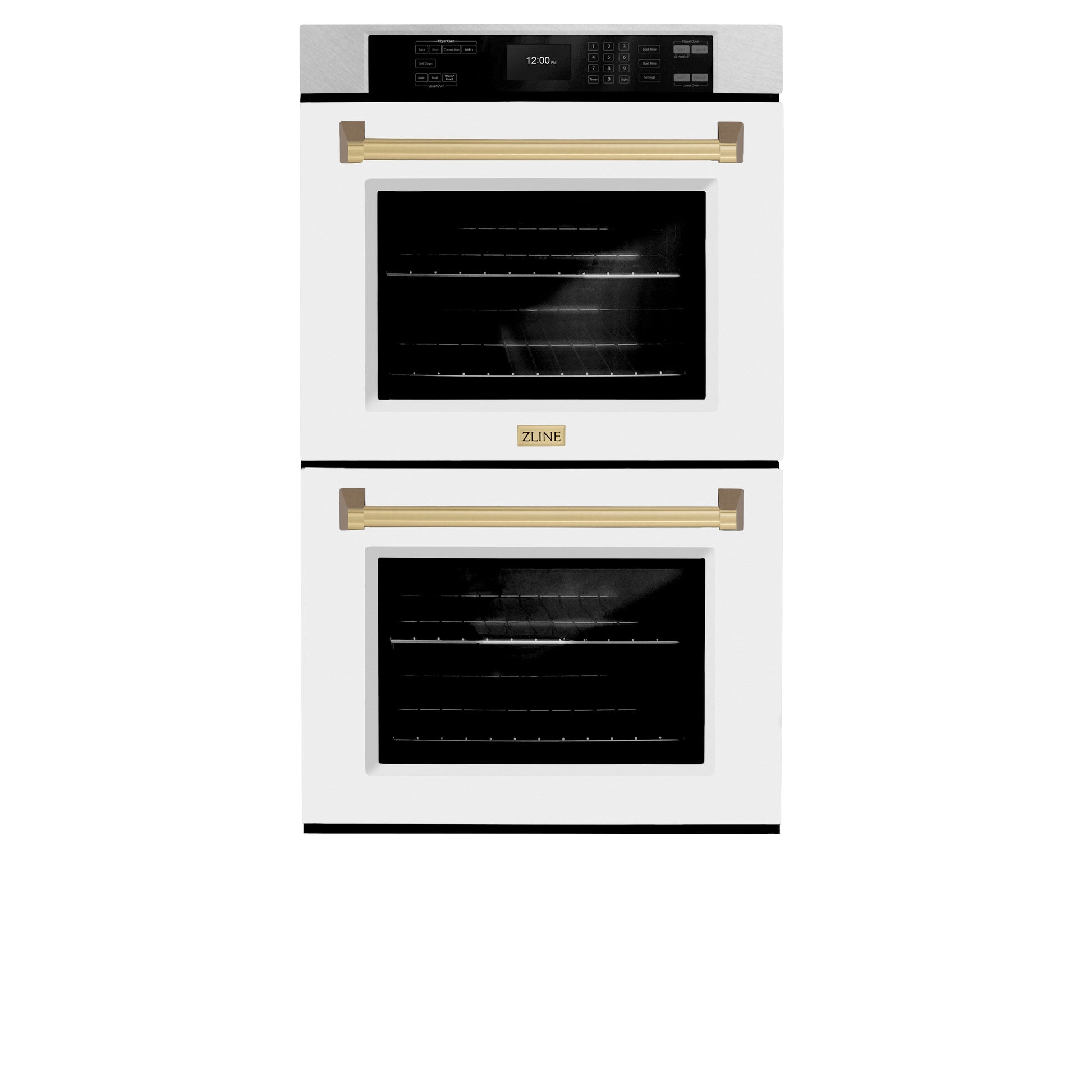 ZLINE Autograph Edition 30 in. Professional True Convection Double Wall Oven with Air Fry and Self Clean in DuraSnow® Stainless Steel with White Matte Doors and Champagne Bronze Handles (WADSZ-WM-30-CB) front, closed.