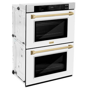 ZLINE Autograph Edition 30 in. Professional True Convection Double Wall Oven with Air Fry and Self Clean in DuraSnow® Stainless Steel with White Matte Doors and Champagne Bronze Handles (WADSZ-WM-30-CB) side, closed.