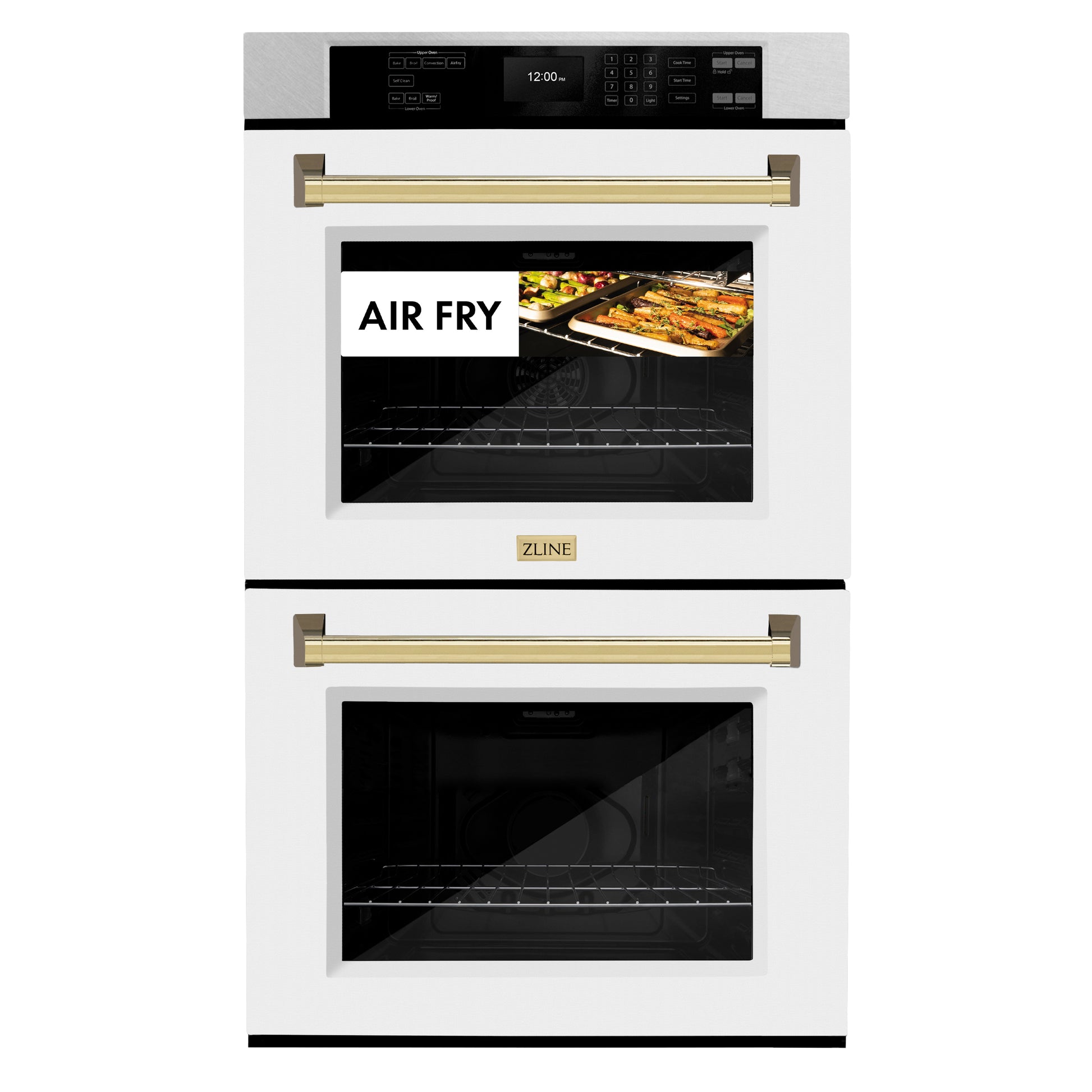 ZLINE Autograph Edition 30 in. Professional True Convection Double Wall Oven with Air Fry and Self Clean in DuraSnow® Stainless Steel with White Matte Doors and Polished Gold Handles (WADSZ-WM-30-G) front, closed, with food cooking by air fry.