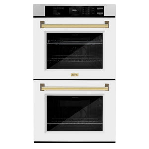 ZLINE Autograph Edition 30 in. Professional True Convection Double Wall Oven with Air Fry and Self Clean in DuraSnow® Stainless Steel with White Matte Doors and Polished Gold Handles (WADSZ-WM-30-G)