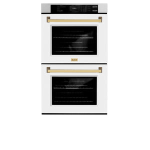 ZLINE Autograph Edition 30 in. Professional True Convection Double Wall Oven with Air Fry and Self Clean in DuraSnow® Stainless Steel with White Matte Doors and Polished Gold Handles (WADSZ-WM-30-G) front, closed.