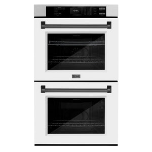 ZLINE Autograph Edition 30 in. Professional True Convection Double Wall Oven with Air Fry and Self Clean in DuraSnow® Stainless Steel with White Matte Doors and Matte Black Handles (WADSZ-WM-30-MB)