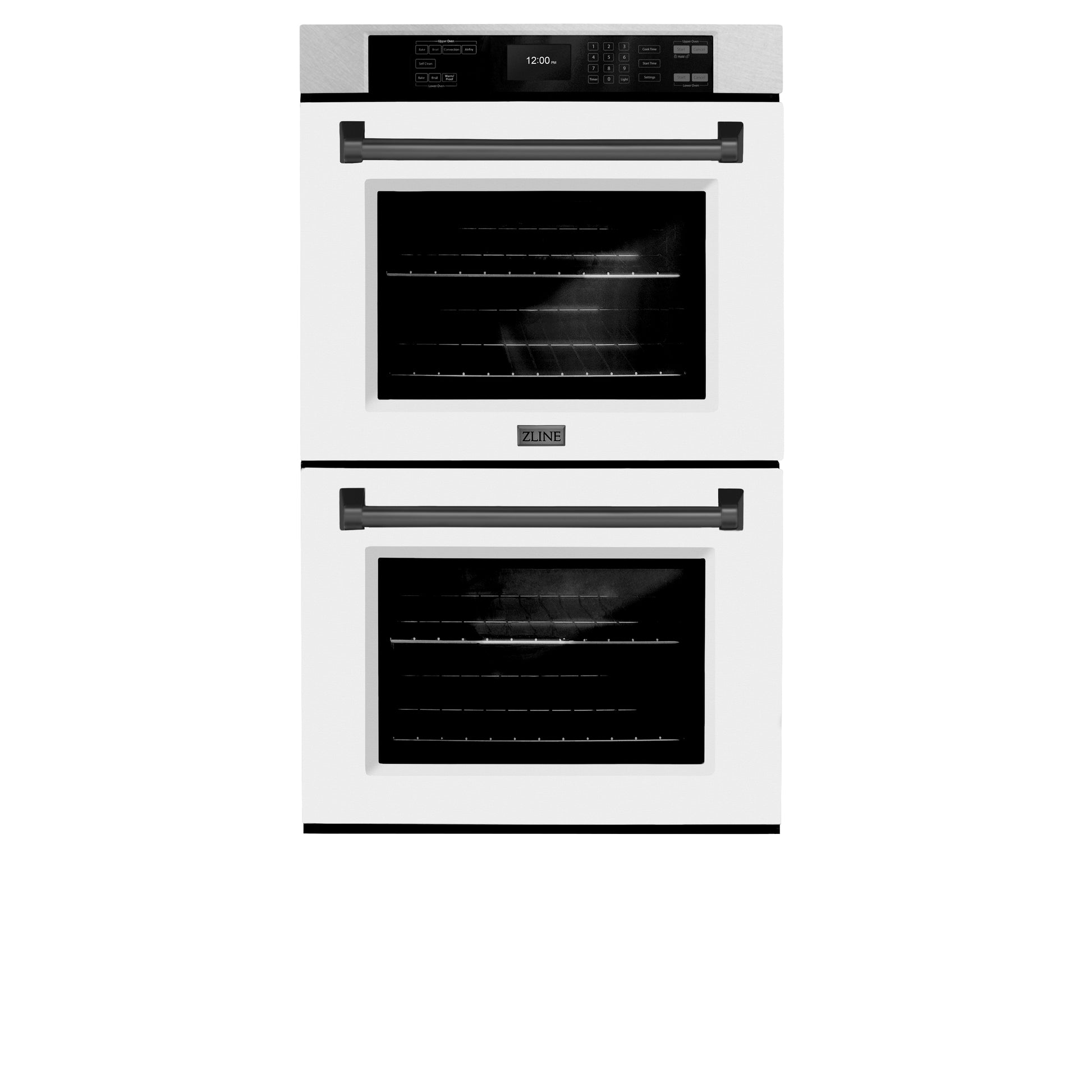 ZLINE Autograph Edition 30 in. Professional True Convection Double Wall Oven with Air Fry and Self Clean in DuraSnow® Stainless Steel with White Matte Doors and Matte Black Handles (WADSZ-WM-30-MB) front, closed.