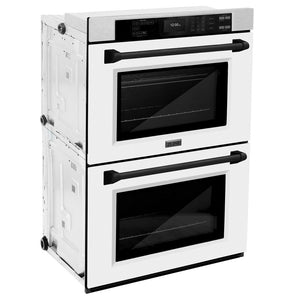 ZLINE Autograph Edition 30 in. Professional True Convection Double Wall Oven with Air Fry and Self Clean in DuraSnow® Stainless Steel with White Matte Doors and Matte Black Handles (WADSZ-WM-30-MB) side.