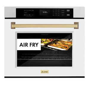 ZLINE Autograph Edition 30 in. Professional True Convection Single Wall Oven with Air Fry and Self Clean in DuraSnow® Stainless Steel with White Matte Door and Champagne Bronze Handle (WASSZ-WM-30-CB) front, closed, with food cooking by air fry.