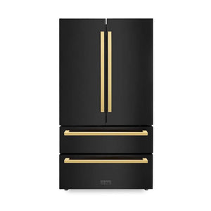 ZLINE Autograph Edition 36 in. 22.5 cu. ft. Counter-Depth French Door Refrigerator with Ice Maker in Fingerprint-Resistant Black Stainless Steel and Polished Gold Modern Handles (RFMZ-36-BS-FG) main image.