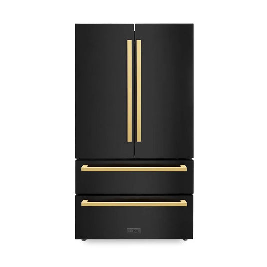 ZLINE Autograph Edition 36 in. 22.5 cu. ft. Counter-Depth French Door Refrigerator with Ice Maker in Fingerprint-Resistant Black Stainless Steel and Polished Gold Modern Handles (RFMZ-36-BS-FG) main image.
