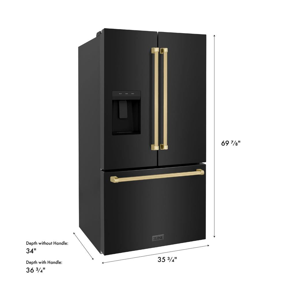 ZLINE Autograph Edition 36 in. 28.9 cu. ft. Standard-Depth French Door External Water Dispenser Refrigerator with Dual Ice Maker in Fingerprint-Resistant Black Stainless Steel and Champagne Bronze Traditional Handles (RSMZ-W-36-BS-CB) dimensional diagram.
