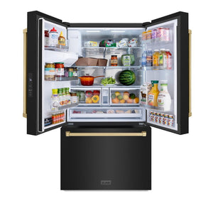 ZLINE Autograph Edition 36 in. 28.9 cu. ft. Standard-Depth French Door External Water Dispenser Refrigerator with Dual Ice Maker in Black Stainless Steel and Champagne Bronze Handles (RSMZ-W-36-BS-CB) front, doors open with food inside.