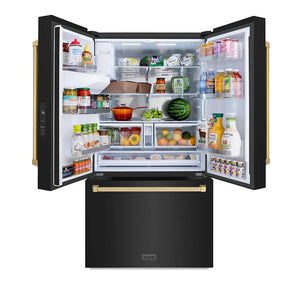 Open ZLINE Autograph Edition 36 in. 28.9 cu. ft. Standard-Depth French Door External Water Dispenser Refrigerator with Dual Ice Maker in Fingerprint-Resistant Black Stainless Steel and Champagne Bronze Traditional Handles (RSMZ-W-36-BS-CB) with various food items on a white background