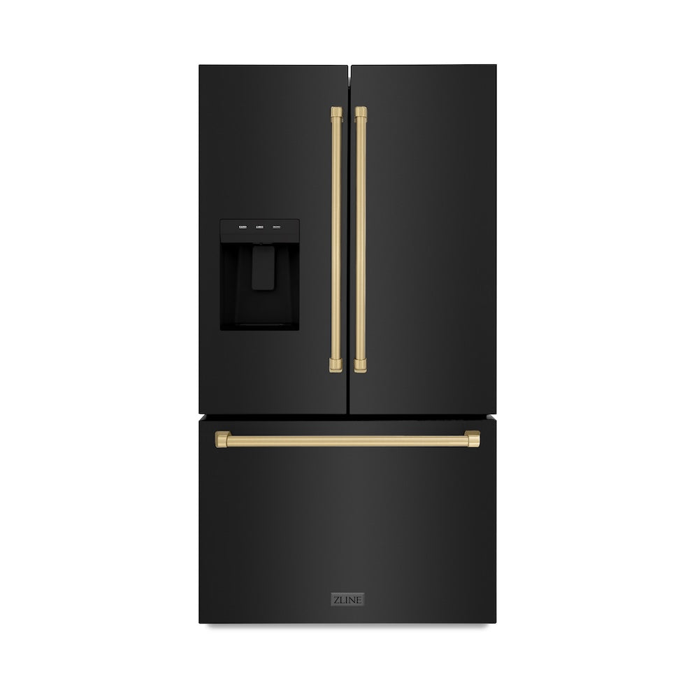 ZLINE Autograph Edition 36 in. 28.9 cu. ft. Standard-Depth French Door External Water Dispenser Refrigerator with Dual Ice Maker in Fingerprint-Resistant Black Stainless Steel and Champagne Bronze Traditional Handles (RSMZ-W-36-BS-CB) front, closed.