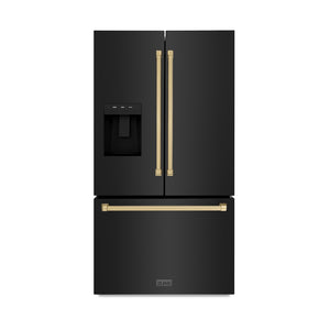 ZLINE Autograph Edition 36 in. 28.9 cu. ft. Standard-Depth French Door External Water Dispenser Refrigerator with Dual Ice Maker in Fingerprint-Resistant Black Stainless Steel and Champagne Bronze Traditional Handles (RSMZ-W-36-BS-CB) front, closed.