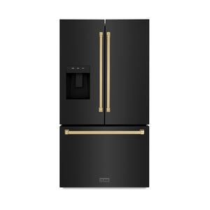 ZLINE Autograph Edition 36 in. 28.9 cu. ft. Standard-Depth French Door External Water Dispenser Refrigerator with Dual Ice Maker in Fingerprint-Resistant Black Stainless Steel and Champagne Bronze Traditional Handles (RSMZ-W-36-BS-CB)