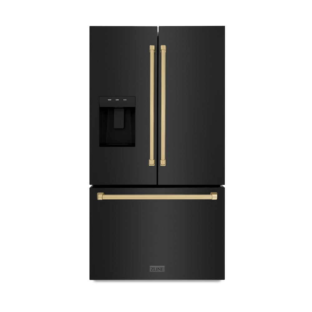 ZLINE Autograph Edition 36 in. 28.9 cu. ft. Standard-Depth French Door External Water Dispenser Refrigerator with Dual Ice Maker in Fingerprint-Resistant Black Stainless Steel and Champagne Bronze Traditional Handles (RSMZ-W-36-BS-CB) main image.