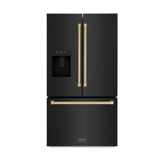 ZLINE Autograph Edition 36 in. 28.9 cu. ft. Standard-Depth French Door External Water Dispenser Refrigerator with Dual Ice Maker in Fingerprint-Resistant Black Stainless Steel and Champagne Bronze Traditional Handles (RSMZ-W-36-BS-CB) main image.