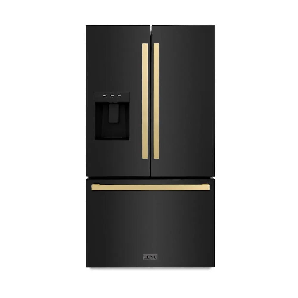 ZLINE Autograph Edition 36 in. 28.9 cu. ft. Standard-Depth French Door External Water Dispenser Refrigerator with Dual Ice Maker in Fingerprint-Resistant Black Stainless Steel and Champagne Bronze Modern Handles (RSMZ-W36-BS-FCB) main image.