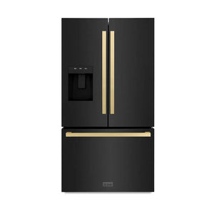 ZLINE Autograph Edition 36 in. 28.9 cu. ft. Standard-Depth French Door External Water Dispenser Refrigerator with Dual Ice Maker in Fingerprint-Resistant Black Stainless Steel and Champagne Bronze Modern Handles (RSMZ-W36-BS-FCB) main image.