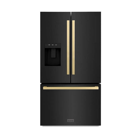 ZLINE Autograph Edition 36 in. 28.9 cu. ft. Standard-Depth French Door External Water Dispenser Refrigerator with Dual Ice Maker in Fingerprint-Resistant Black Stainless Steel and Champagne Bronze Modern Handles (RSMZ-W36-BS-FCB) main image.