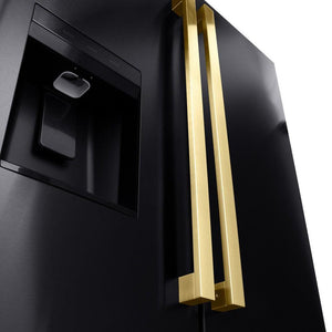 ZLINE Autograph Edition 36 in. 28.9 cu. ft. Standard-Depth French Door External Water Dispenser Refrigerator with Dual Ice Maker in Black Stainless Steel and Polished Gold Modern Handles (RSMZ-W-36-BS-FG) close-up, modern Polished Gold handles on refrigeration compartment.
