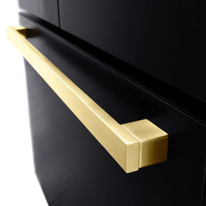 Square Polished Gold Handle on bottom freezer draer.