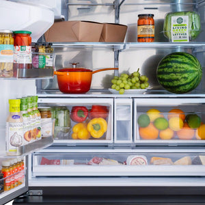 ZLINE Autograph Edition 36 in. 28.9 cu. ft. Standard-Depth French Door External Water Dispenser Refrigerator with Dual Ice Maker in Black Stainless Steel and Polished Gold Modern Handles (RSMZ-W-36-BS-FG) food and beverages inside refrigeration compartment, front.