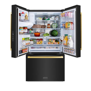 ZLINE Autograph Edition 36 in. 28.9 cu. ft. Standard-Depth French Door External Water Dispenser Refrigerator with Dual Ice Maker in Black Stainless Steel and Polished Gold Modern Handles (RSMZ-W-36-BS-FG) front, refrigeration compartment open with food inside.