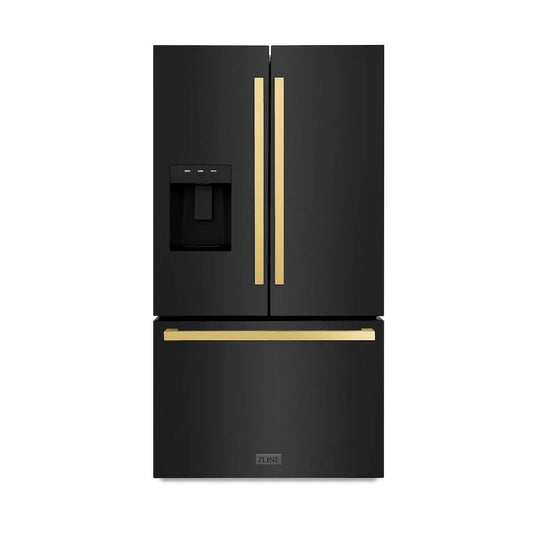 ZLINE Autograph Edition 36 in. 28.9 cu. ft. Standard-Depth French Door External Water Dispenser Refrigerator with Dual Ice Maker in Fingerprint-Resistant Black Stainless Steel and Polished Gold Modern Handles (RSMZ-W-36-BS-FG) main image.