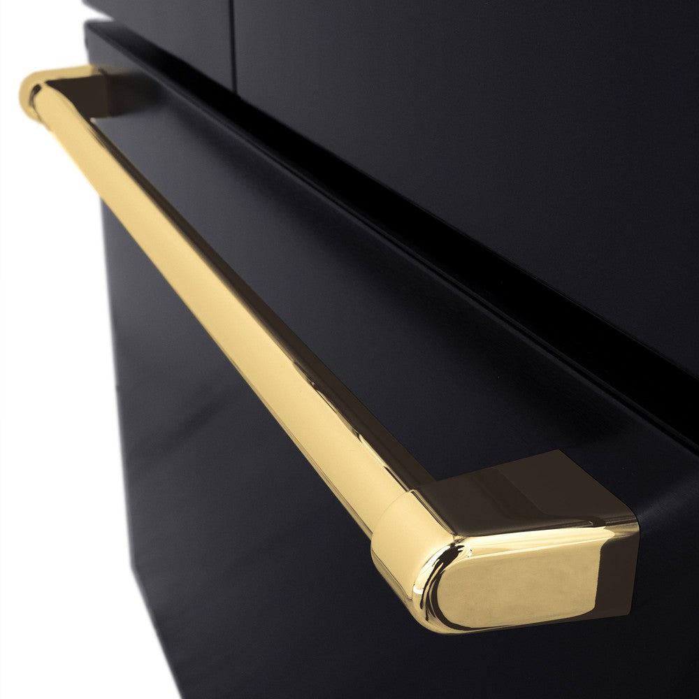 ZLINE Autograph Edition 36 in. 28.9 cu. ft. Standard-Depth French Door External Water Dispenser Refrigerator with Dual Ice Maker in Black Stainless Steel and Polished Gold Handles (RSMZ-W-36-BS-G) Polished Gold handle on bottom freezer drawer exterior.