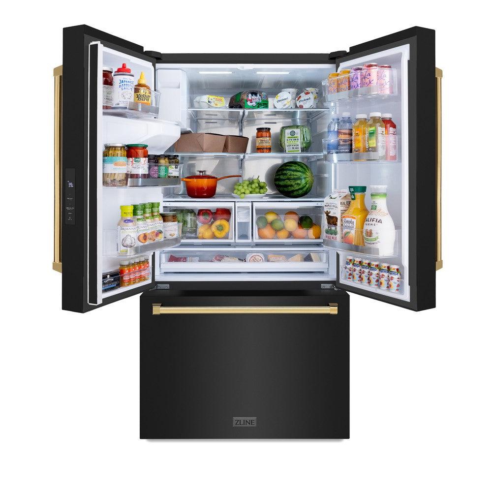 ZLINE Autograph Edition 36 in. 28.9 cu. ft. Standard-Depth French Door External Water Dispenser Refrigerator with Dual Ice Maker in Black Stainless Steel and Polished Gold Handles (RSMZ-W-36-BS-G) front, refrigeration compartment open with food inside.