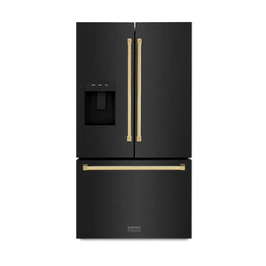 ZLINE Autograph Edition 36 in. 28.9 cu. ft. Standard-Depth French Door External Water Dispenser Refrigerator with Dual Ice Maker in Fingerprint-Resistant Black Stainless Steel and Polished Gold Traditional Handles (RSMZ-W-36-BS-G) main image.