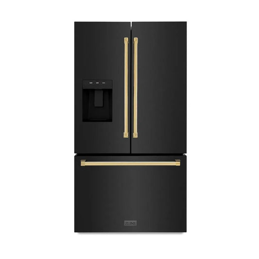 ZLINE Autograph Edition 36 in. 28.9 cu. ft. Standard-Depth French Door External Water Dispenser Refrigerator with Dual Ice Maker in Fingerprint-Resistant Black Stainless Steel and Polished Gold Traditional Handles (RSMZ-W-36-BS-G) main image.