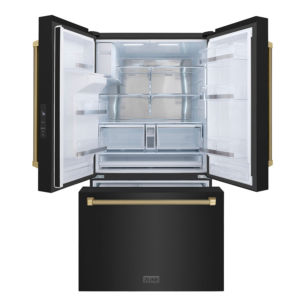 ZLINE Autograph Edition 36 in. 28.9 cu. ft. Standard-Depth French Door External Water Dispenser Refrigerator with Dual Ice Maker in Fingerprint-Resistant Black Stainless Steel and Champagne Bronze Helix Handles (RSMZ-W36-BS-KCB) front, open.