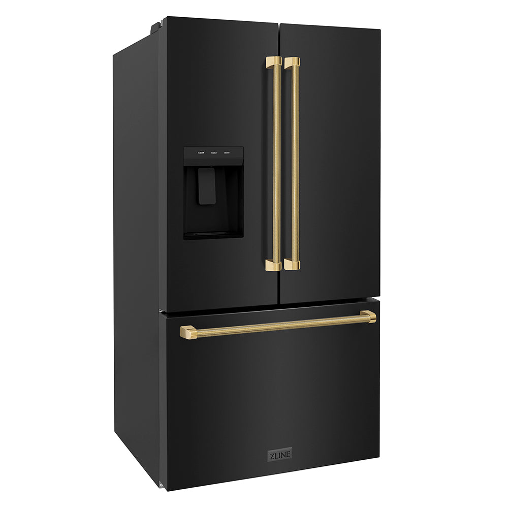 ZLINE Autograph Edition 36 in. 28.9 cu. ft. Standard-Depth French Door External Water Dispenser Refrigerator with Dual Ice Maker in Fingerprint-Resistant Black Stainless Steel and Polished Gold Helix Handles (RSMZ-W-36-BS-KG) side.