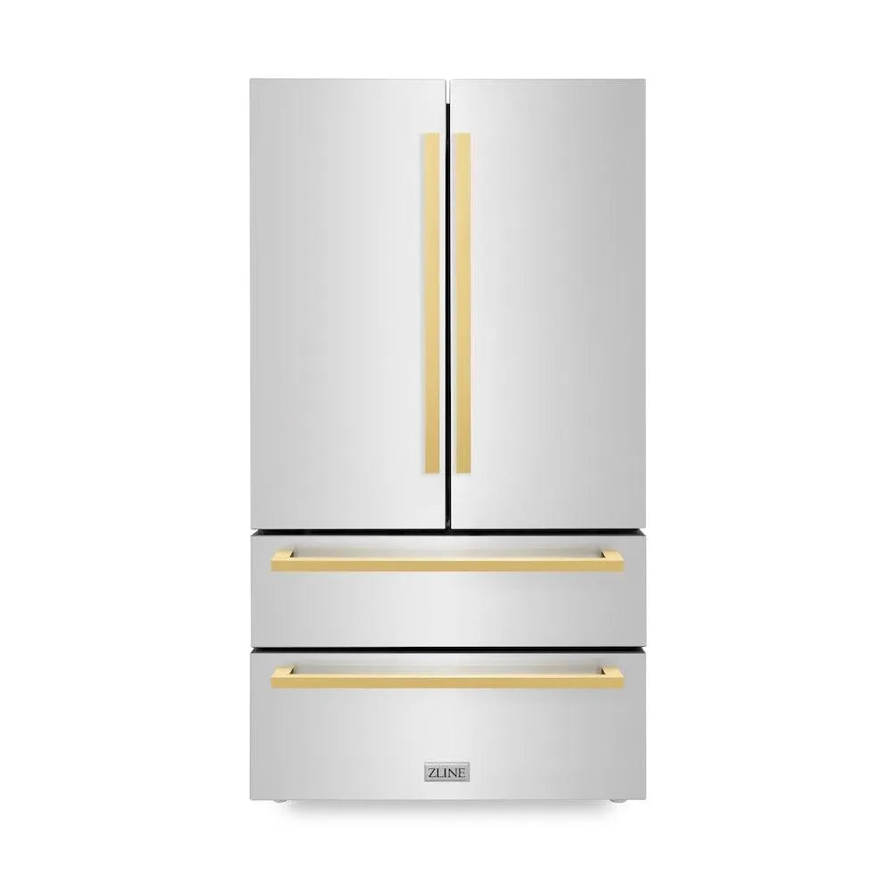 ZLINE Autograph Edition 36 in. 22.5 cu. ft. Counter-Depth French Door Refrigerator with Ice Maker in Fingerprint-Resistant Stainless Steel with Polished Gold Modern Handles (RFMZ-36-FG) main image.