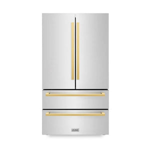 ZLINE Autograph Edition 36 in. 22.5 cu. ft. Counter-Depth French Door Refrigerator with Ice Maker in Fingerprint-Resistant Stainless Steel with Polished Gold Modern Handles (RFMZ-36-FG) main image.